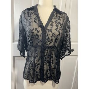 Sheer Black Floral Burnout Button-Front Top